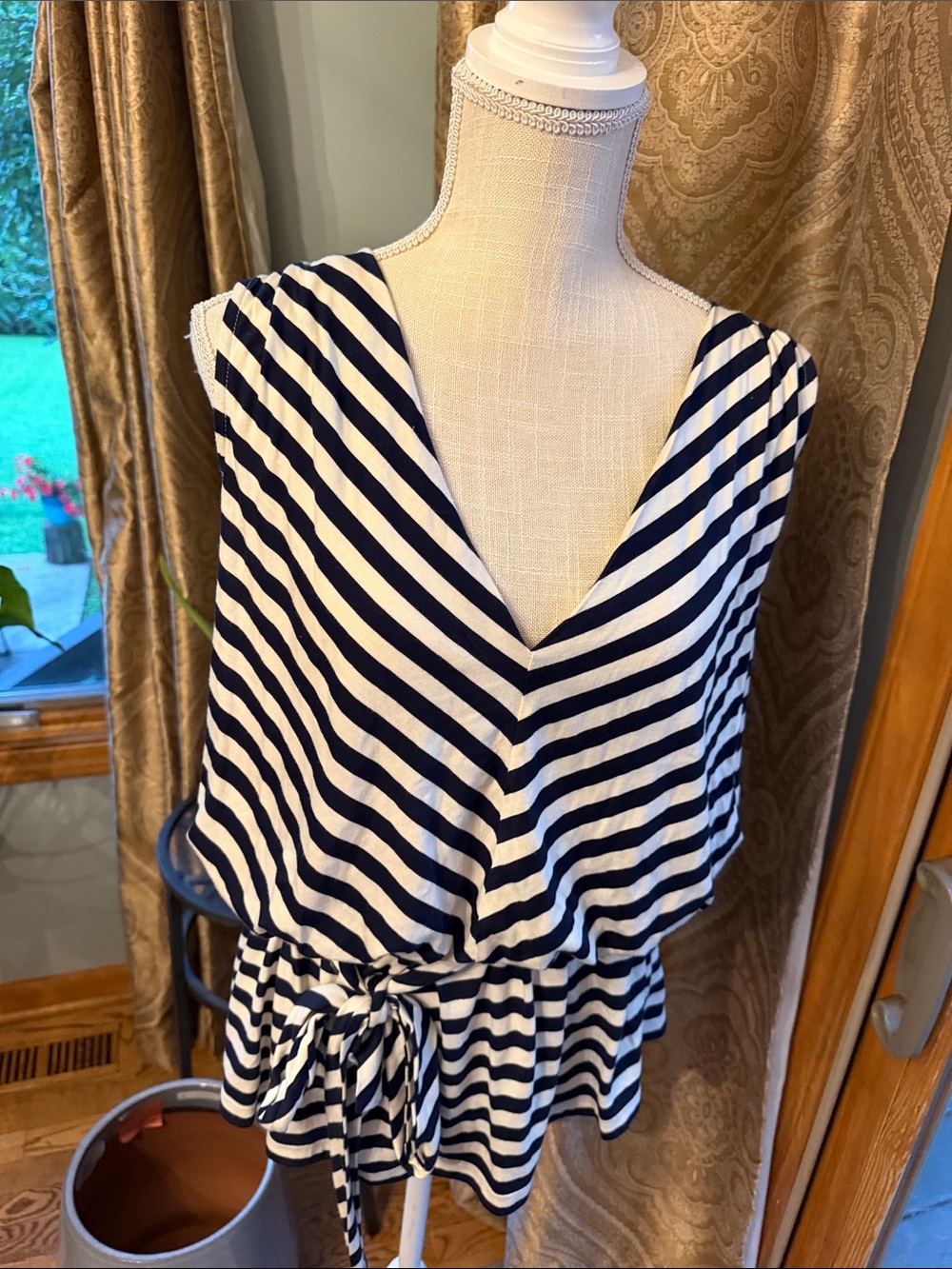 Talbots Navy and White Striped Sleeveless Wrap Tunic top